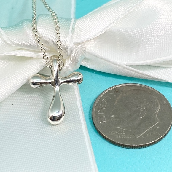 Tiffany & Co. Elsa Peretti Teardrop Cross 925 Silver Necklace 16” 15mm - Picture 5 of 7
